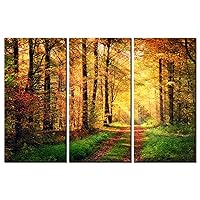 Autumn Forest Wall Art Fall Orange Leaf Forest Tree Trail Wall Decor Natural Landscape Picture Canvas HD Printed Painting Poster Stretched Framed Office Home Decorations 3 Pieces(48x32 inches)