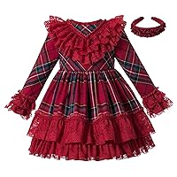 Pettigirl Girls Christmas Winter Vintage Red Plaid Lace Ruffle Layered Teen Party Clothes Long Sleeve Boutique Dress
