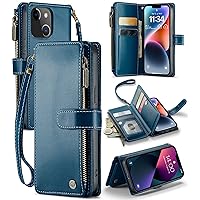 CaseMe for iPhone 14 Wallet Case with RFID Blocking, Phone Case for iPhone 14 with Card Holder for Women Men, Durable Kickstand Zipper Shockproof Case for iPhone 14, Blue