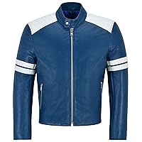 Smart Range Men's MAYHEM Real Leather Jacket Blue With White Stripe Biker Motorcycle Style