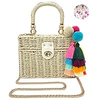 Handwoven Rattan Bag for women-Wicker Woven Square Crossbody vintage Chic Casual Beach Boho Tote Bag with tassel Ornaments