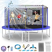 Upgraded 14FT Trampoline for Kids and Adults, Large Outdoor Trampoline with Stakes, Light, Sprinkler, Backyard Trampoline with Basketball Hoop and Net, Capacity for 4-6 Kids and Adults