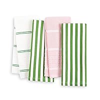 Kate Spade New York Botanical Stripe Kitchen Towels 4-Pack Set, Absorbent 100% Cotton, Green/Pink, 17