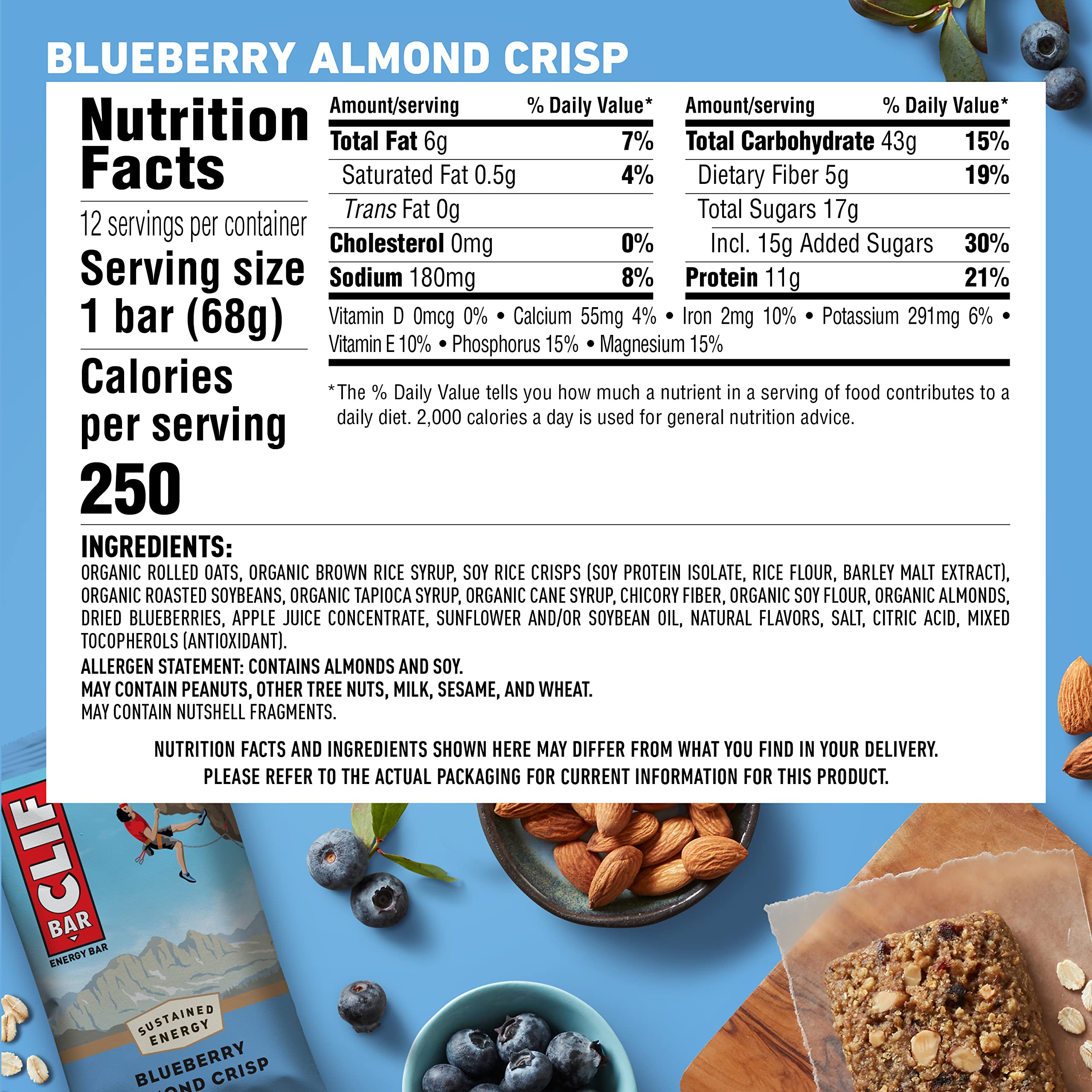 Clif Bar - Energy Bars - Blueberry Crisp - Made with Organic Oats - Plant Based Food - Vegetarian - Kosher (2.4-Ounce Protein Bars, 12 Count)
