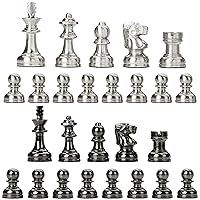 Chess Pieces Only No Board, 32 Large Quadruple Weighted Metal Chess Pieces with 2 Extra Queen, 2.6” King Heavy Piece, Chrome Silver-Metallic Black in Unique Gift Storage Box