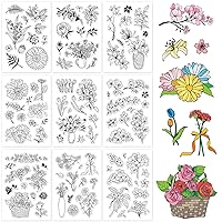 GLOBLELAND 9 Sheets Plant Flower Silicone Clear Stamps Seal for Card Making Decoration and DIY Scrapbooking(Daisy, Rose, Lily, Tulip, Frangipani, Carnation,Fruit)