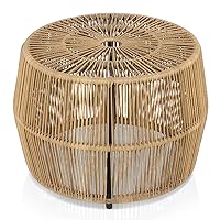 Ysar Boho Rattan Round Coffee Table Outdoor with Metal Frame, All-Weather and Rust Resistant, Handcrafted Coastal Furniture for Patio, Poolside, Garden, Yard, Natural Brown