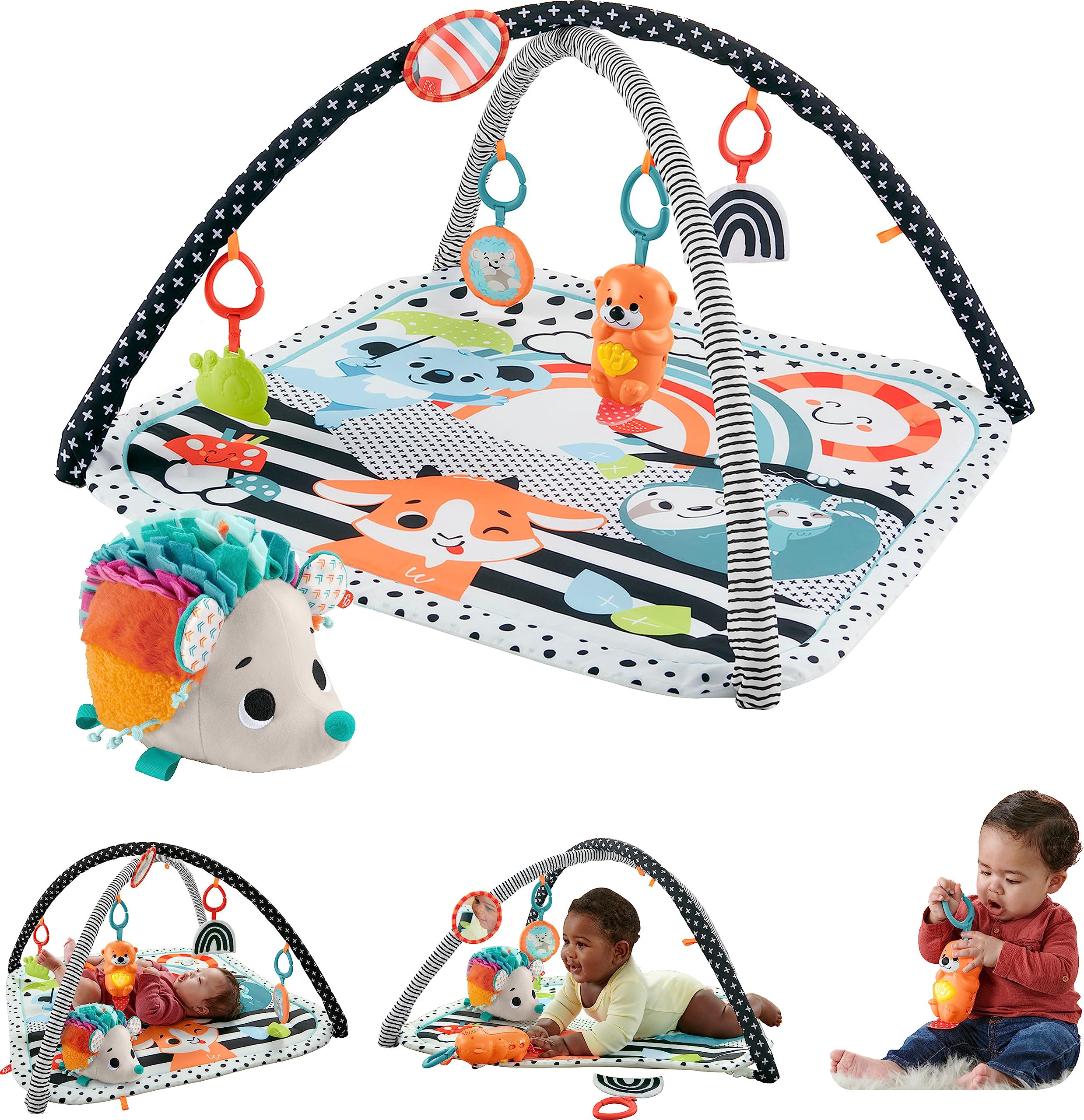 Fisher-Price Baby Gift Set 3-In-1 Music, Glow And Grow Gym & Hedgehog Plush, Playmat With 5 Linkable Toys For Newborn Sensory Play