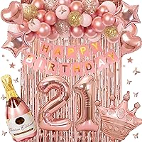 Ouddy Life 21st Birthday Decorations for Her, Rose Gold Birthday Party Decoration for Women Girls Pink Happy Birthday Banner Fringe Curtain Butterfly Rose Gold Balloons 21st Birthday Party Supplies