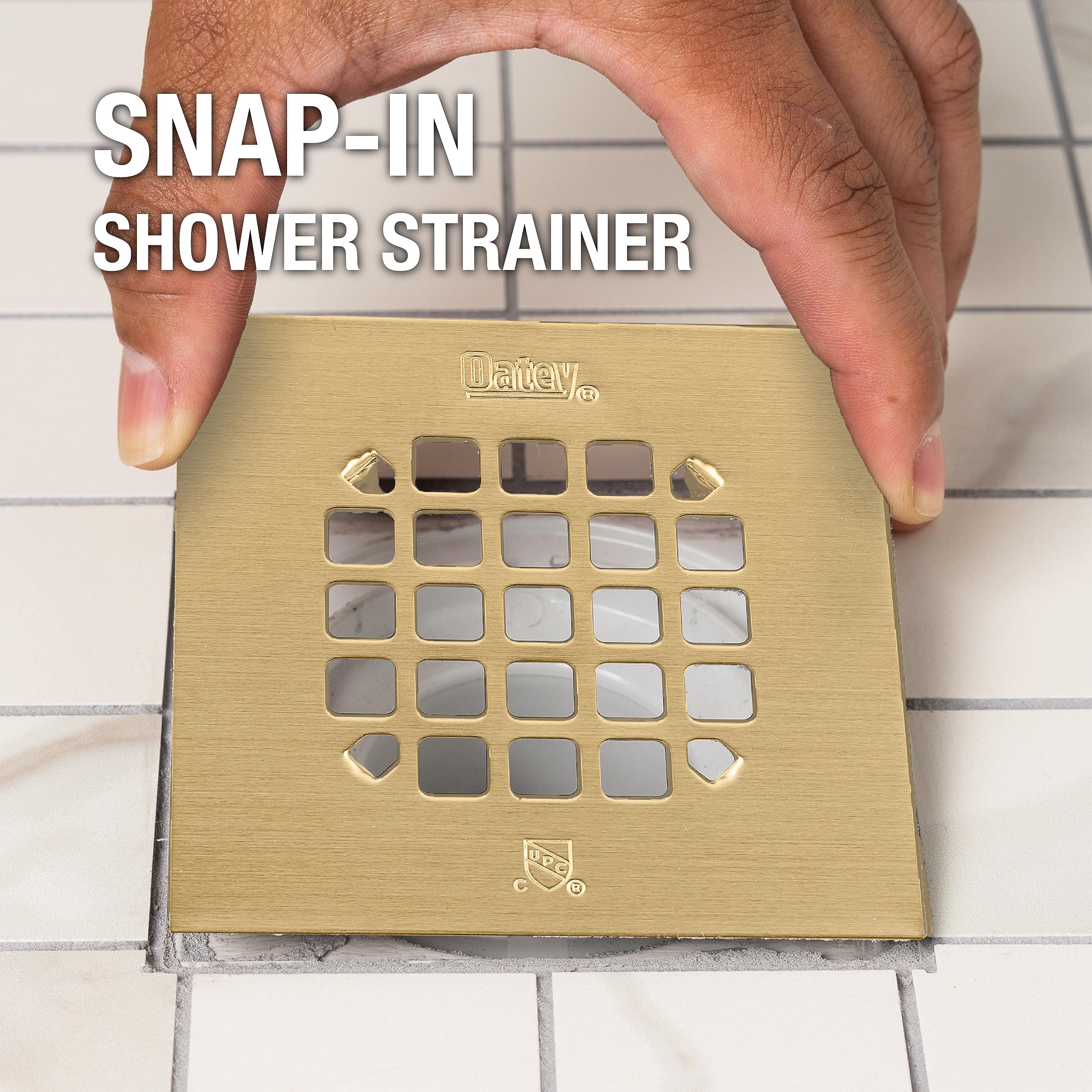 Oatey 42361 Universal 4-1/4 Square Shower Brushed Gold Snap-Tite Strainer