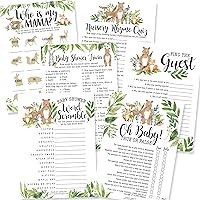 25 Woodland Word Scramble For Baby Shower, 25 True Or False Game, 25 Trivia Game, 25 Find The Guest, 25 Baby Animal Matching, 25 Nursery Rhyme Game - 6 Double Sided Cards Baby Shower Ideas