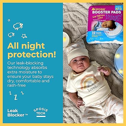 Sposie Booster Pads, Stop Overnight Diaper Leaks, Fits sizes Newborn 1 2 3, No Adhesive for Sensitive Skin, 32 ct