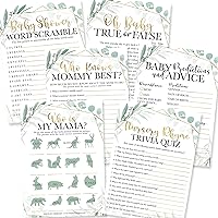 25 Greenery Animal Matching, 25 Nursery Rhyme Game, 25 Word Scramble For Baby Shower, 25 True Or False Game, 25 Who Knows Mommy Best, 25 Baby Prediction And Advice Cards - 6 Double Sided Cards