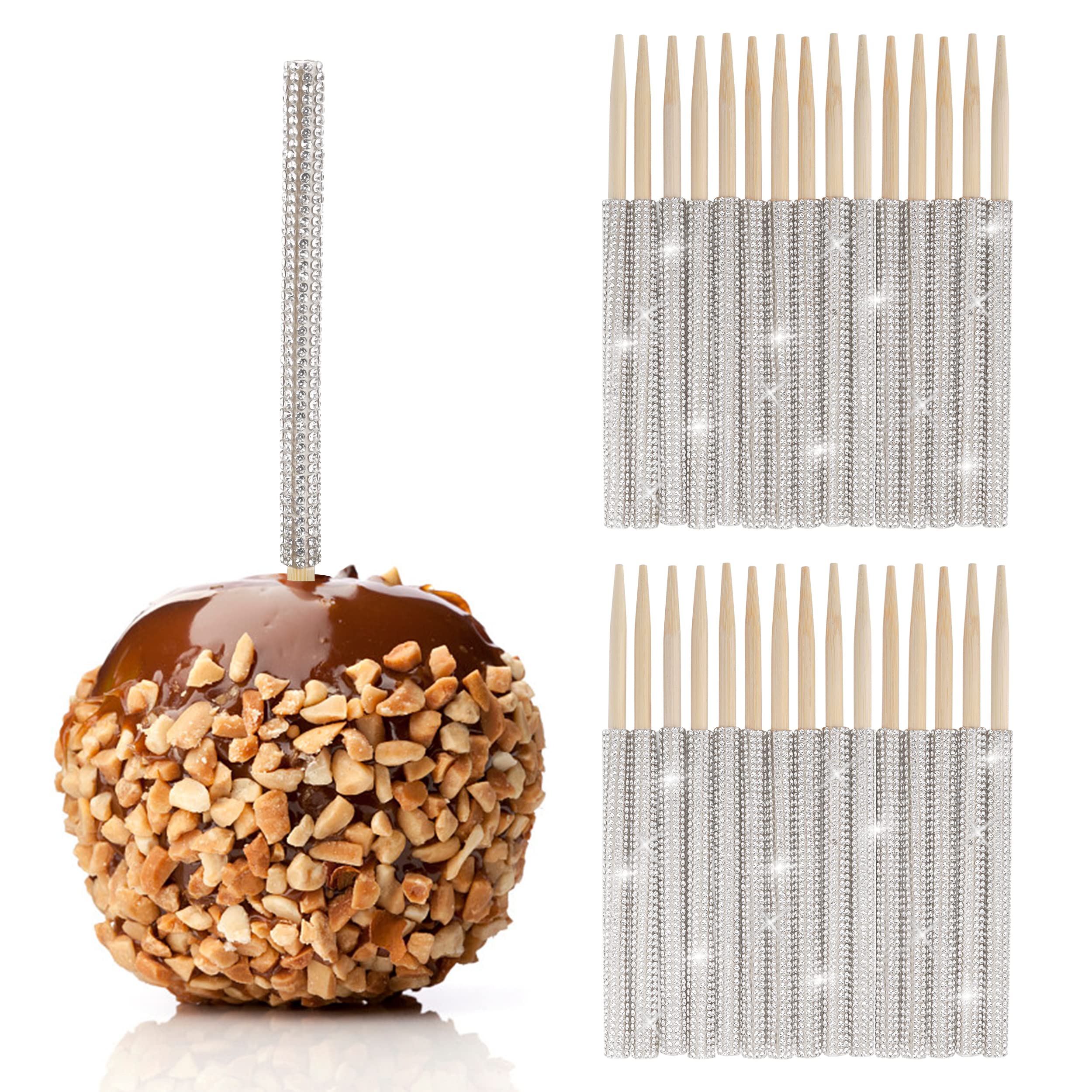 LOKQING 30Set 5.9IN Bling Candy Apple Sticks Kit,Caramel Apple Bamboo Skewers Rhinestone Sticks for Lollipop Cake Pop Candy Making Buffet Party Favor (SILVER)