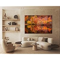 Large Nature Canvas Wall Art on Solid Wood Frame - Printed Pictures of World Beauty - Wall Decor for Living Room, Bedroom, Kitchen (Autumn Forest with Lake, 53x36 Inches)