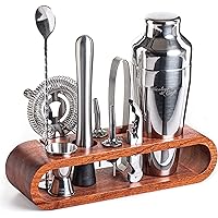 Mixology Bartender Kit: 10-Piece Bar Tool Set with Mahogany Stand | Perfect Home Bartending Kit and Martini Cocktail Shaker Set For a Perfect Drink Mixing Experience | Fun Housewarming Gift (Silver)