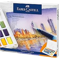 Faber-Castell Portable Watercolor Set Water Half Pans with Mixing Palette and Painting Accessories, 24 Count (Pack of 1), 24 Colors