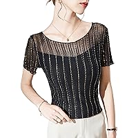 Fashion Mesh Tops for Women, Sexy Crewneck Short Sleeve Bright Silk Stripes Blouses Ladies Daily Elegant Work Outdoor Shirts