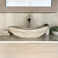 SHADES OF NATURE Tan Travertine Stone Bathroom Vessel Sink - Oval Canoe Shape - 100% Natural Marble - Hand Carved - Free Matching Soap Tray