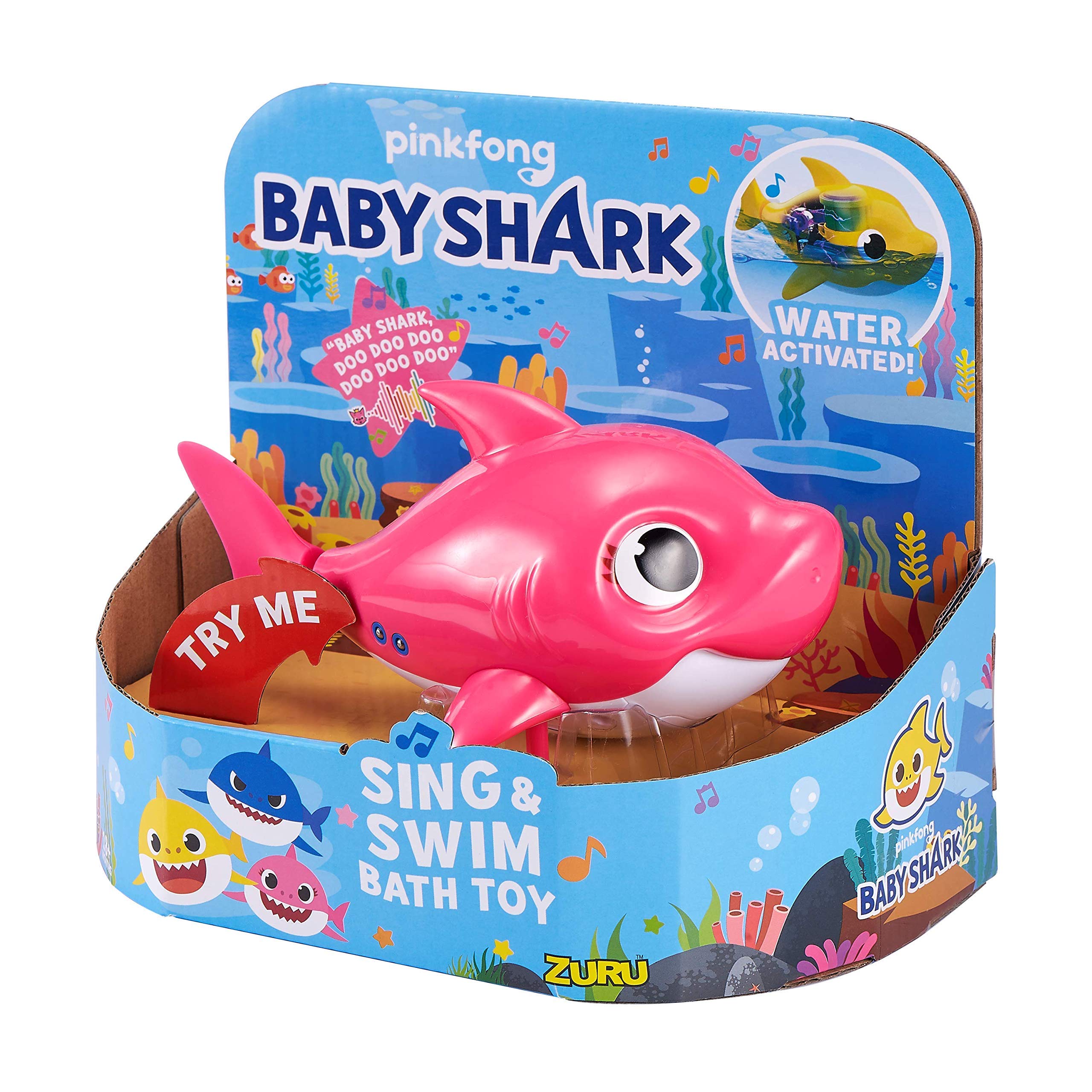 Robo Alive Junior Baby Shark Battery-Powered Bath Toy by Zuru, Sing and Swim Mommy Shark, Pink (Custom Packaging)