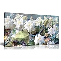 GUGIKA Floral Wall Art for Living Room, White Lotus Flower Canvas Wall Decor for Bedroom, Watercolor Plant Print Painting Decoration, Size 40x20 Inch