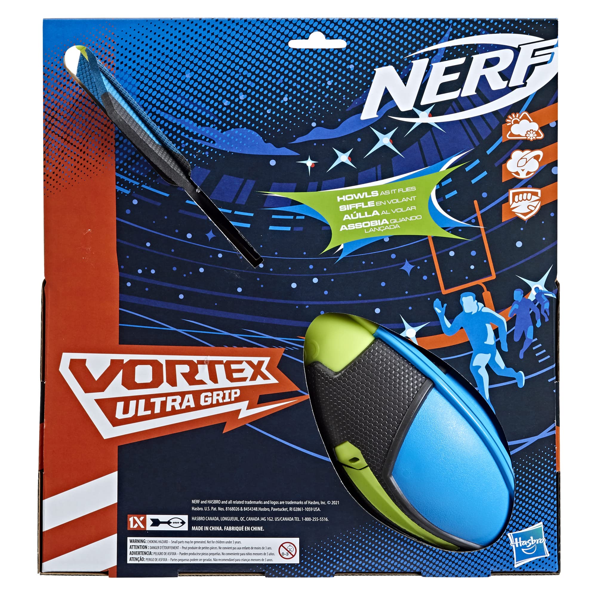 NERF Vortex Ultra Grip Football, Designed for Easy Catching, Howling Whistle Sound, Distance-Optimizing Tail, Water-Resistant, All-Weather Play