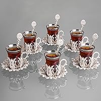 LaModaHome Turkish Tea Set/Turkish Tea Cups of 6 with Spoons, Saucers and Holders - Fancy Vintage Handmade Glass Tea Set, Glass Tea Cup, Gift, Teatime/Gift Set