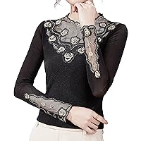 Women's Mesh Lace Tops Long Sleeve Hollow Out Rhinestone Embroidery Stretchy Blouses Plus Size Shirts
