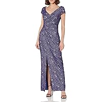 JS Collections Women's Cap Sleeve Knit Brocade Rouched Gown