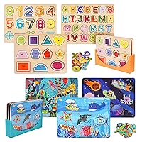 Wooden Toddler Puzzles (6-Pack) and Storage Rack, Peg Puzzles, Alphabet, Numbers, Shapes, Animals