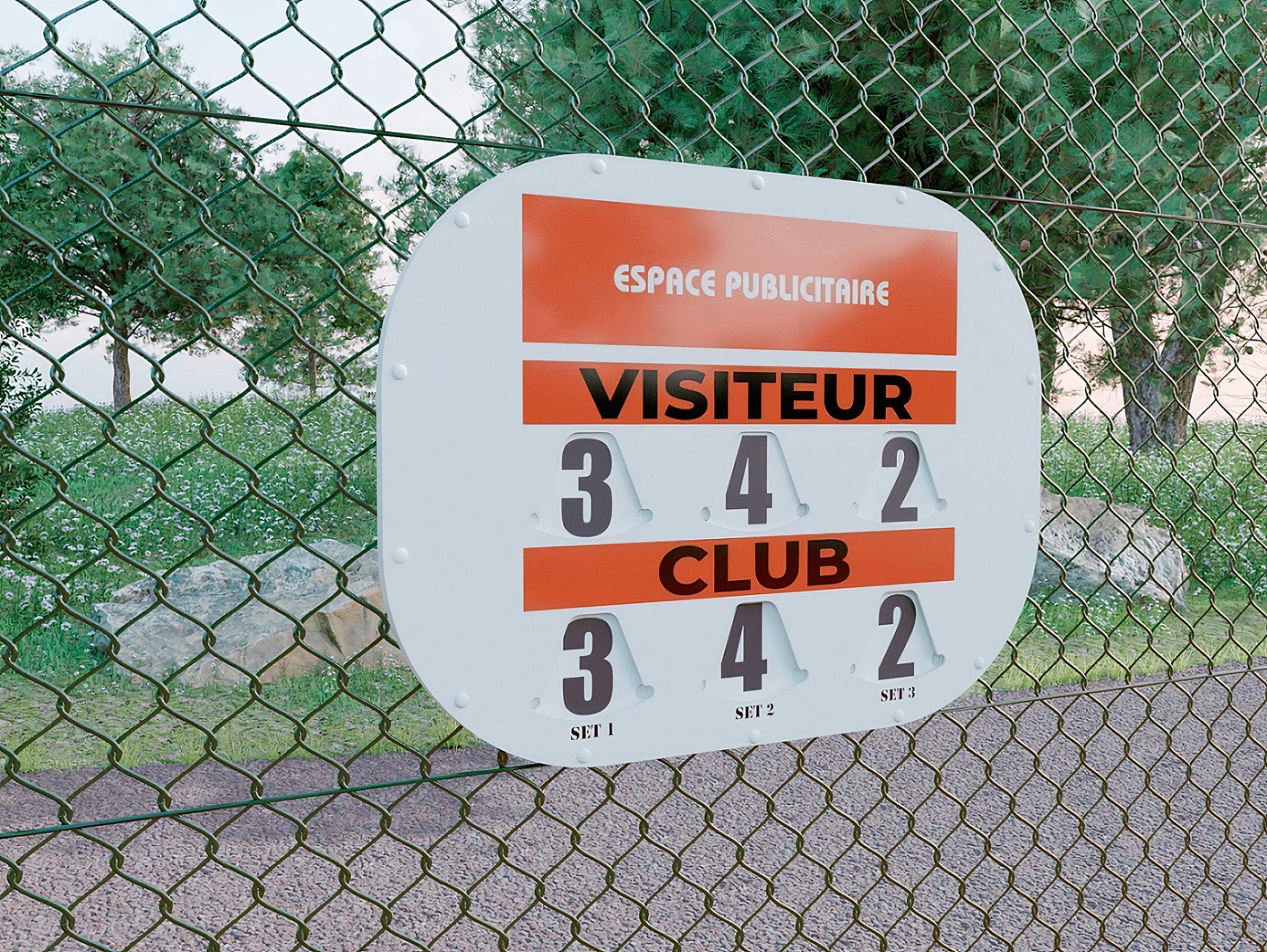 Tennis Scorer, Manual display with rotating discs (80x60 Cliptec) made in France in PVC and guaranteed for 2 years, designed with an advertising space to make your club profitable
