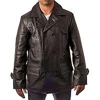 Mens Black Dr Who Military Style Double Breast U-Boat Inspired Leather German Pea Coat