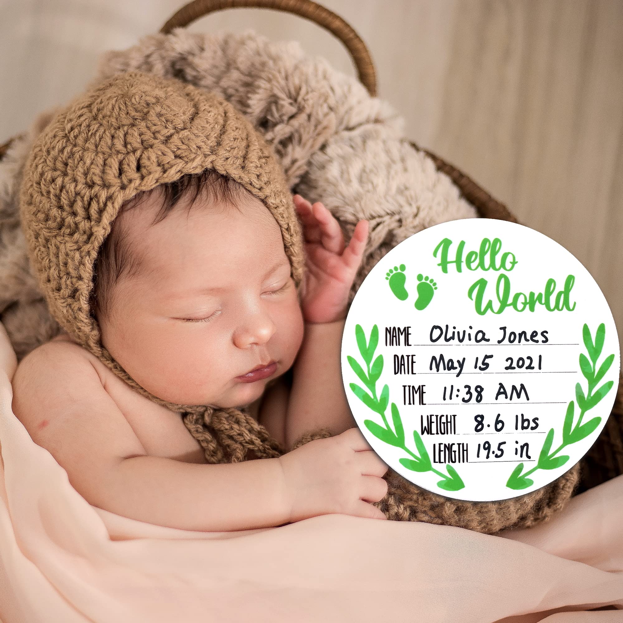 Birth Announcement Board for New Baby - 6-Inch Round Baby Announcement Sign, Baby Shower Gifts, Newborn Gifts - Hello World Newborn Sign, Baby Photo Props, Reversible Baby Milestone Card