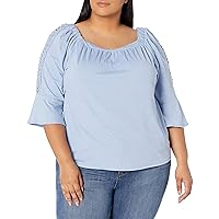 AGB Women's Plus Size Square Neck Top, Chambray Blue, 3X