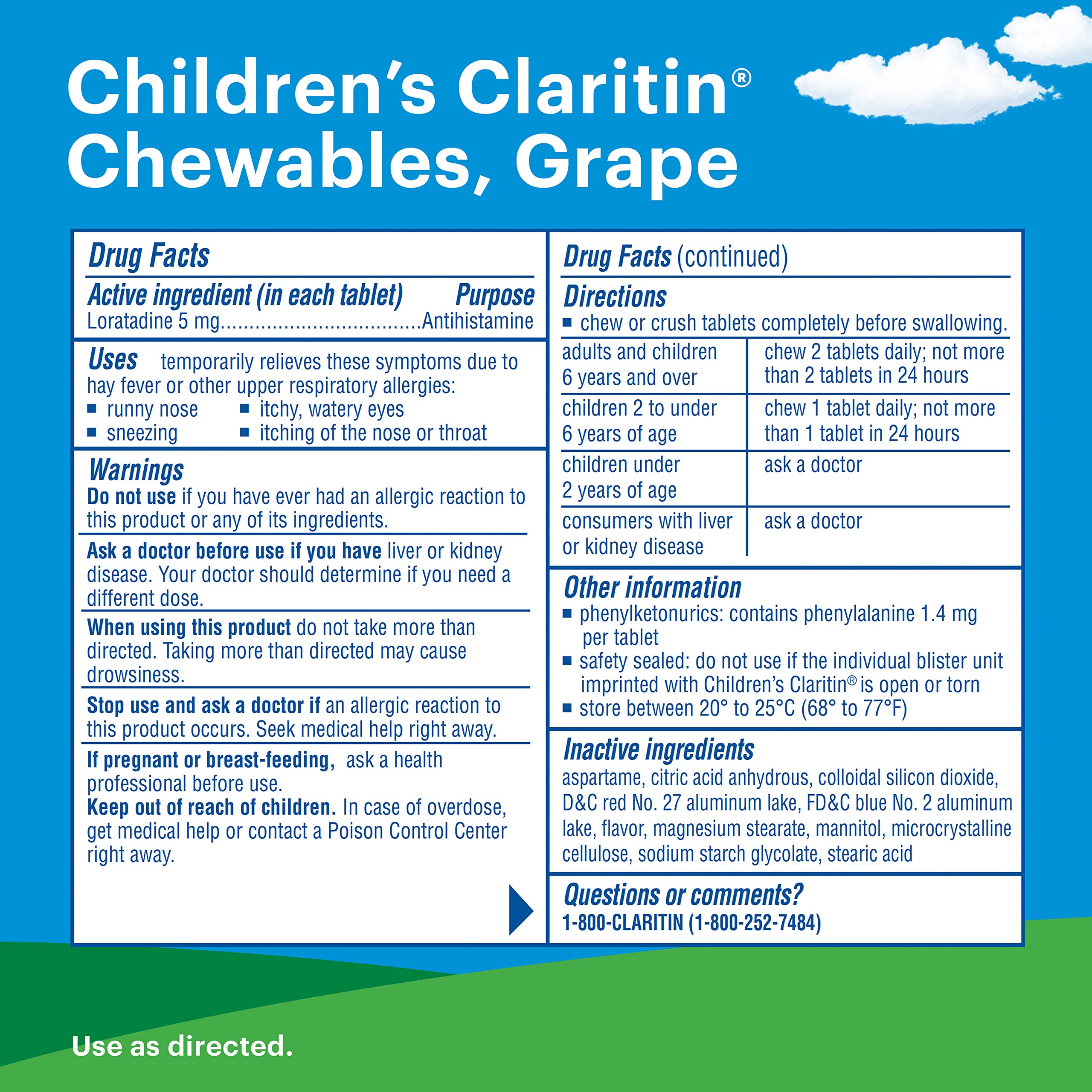 Children's Claritin Chewables 24 Hour Allergy Relief, Non Drowsy Kids Allergy Medicine, Grape Antihistamine Chewable Tablets, For Children 2 Years and Older, 40 Count