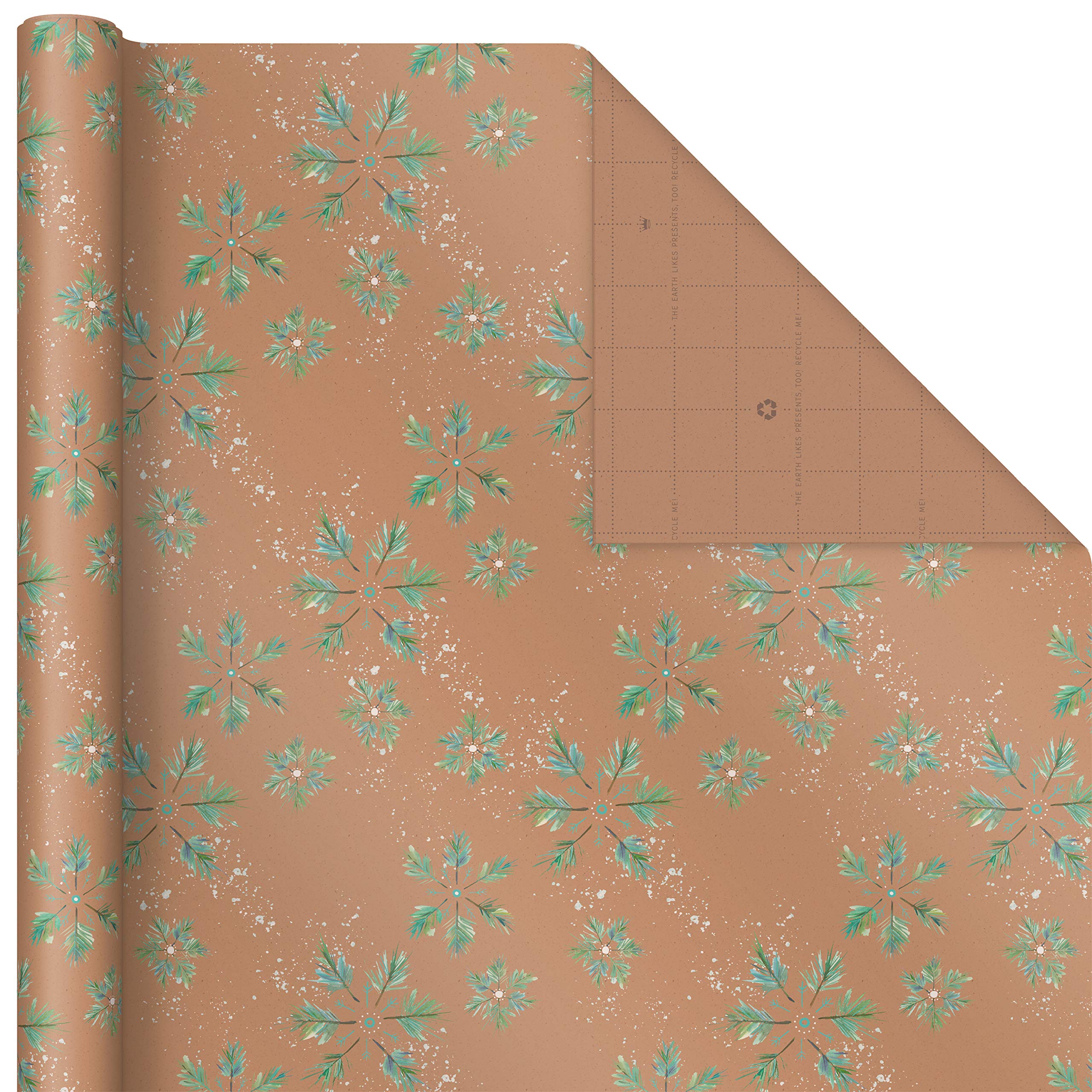 Hallmark Holiday Sustainable Kraft Tri-Pack with Cut Lines on Reverse (3 Rolls: 90 sq. ft. ttl) Wintry Nature: White Snowflakes, Blue and Green Foliage, Christmas Trees, Sustainable Holiday Wrap (0005JXW1051)