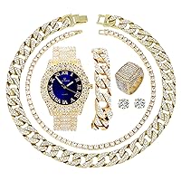 Fully Iced Mens Big Rocks Bezel Color Dial with Roman Numerals, Cuban Chain Bracelet, Cuban Necklace, Tennis Chain & Ring - ST10327CRNT