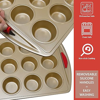 Baking Pan 10 Piece Set Nonstick Gold Steel Oven Bakeware Kitchen Set with Silicone Handles, Cookie Sheets, Round Cake Pans, 9x13 Pan with Lid, Loaf Pan, Deep Pan, Pizza Crisper, Muffin Pan by PERLLI