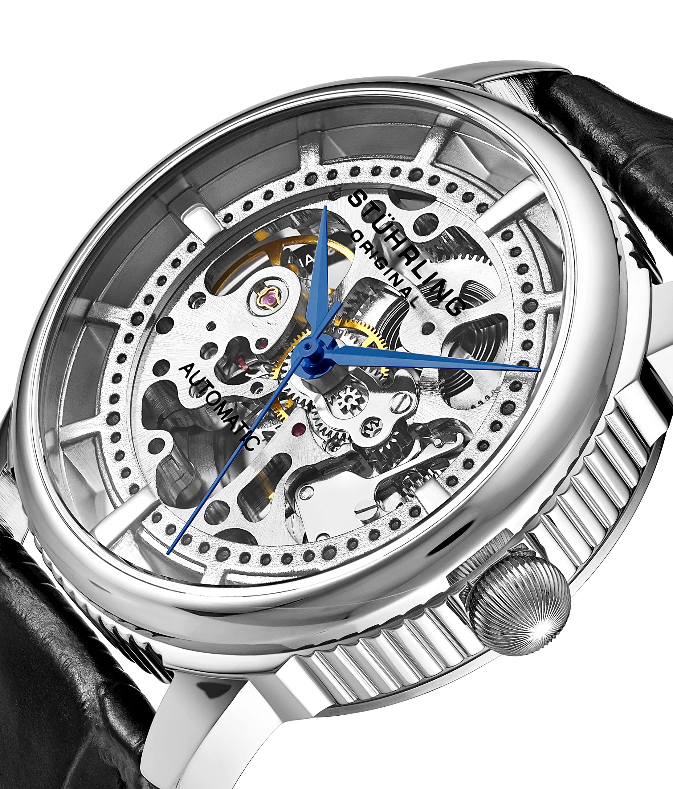 Stuhrling Original Mens Automatic Watch Skeleton Stainless Steel Self Winding Dress Watch with Premium Leather Band Legacy Collection