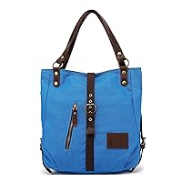Convertible Backpack Purse Genuine Leather Canvas, Handbag Shoulder Bag Tote Casual & Fashion School Bag for Women (Blue)