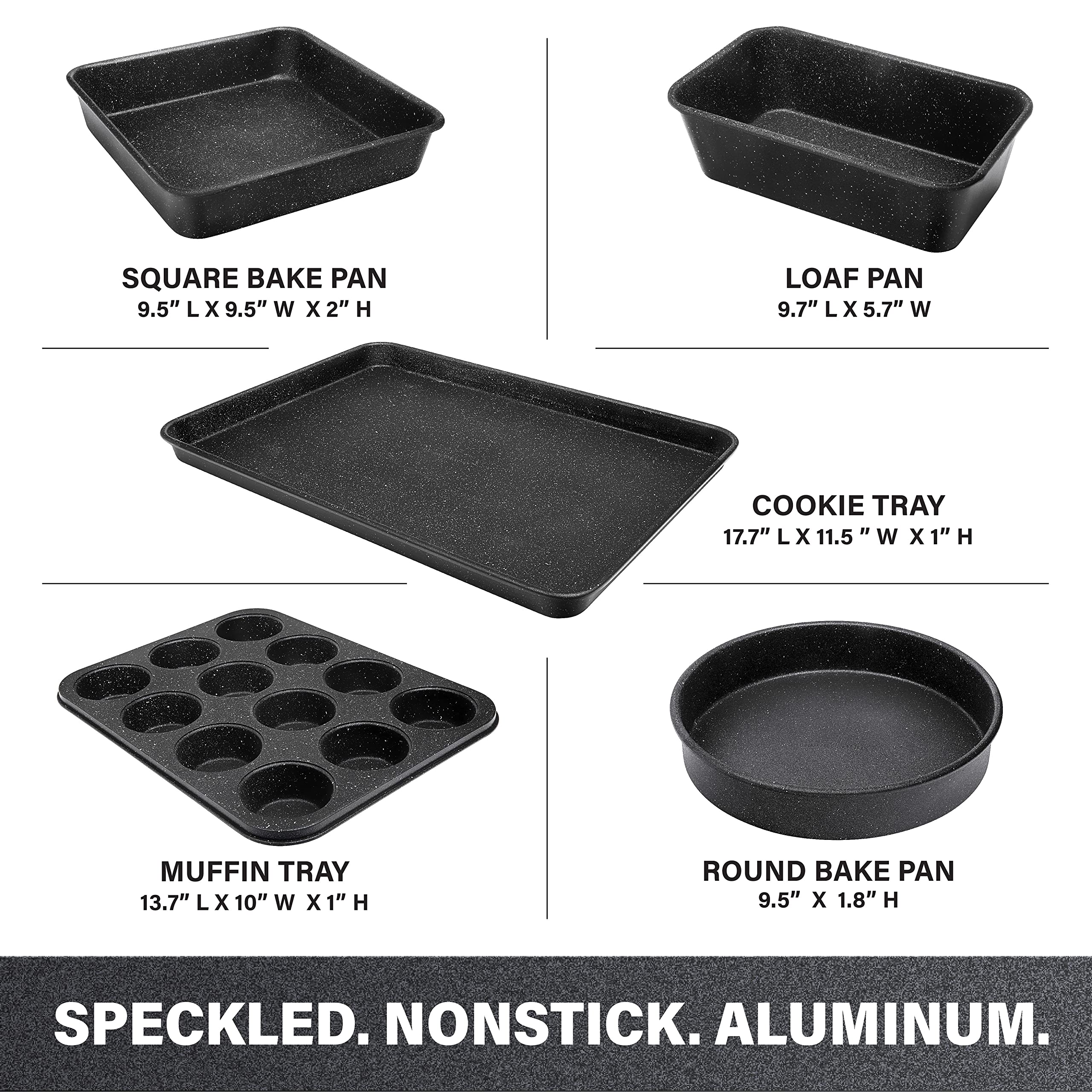 Granitestone Black Nonstick Bakeware Set, 5 Piece Baking Pans Set, Dishwasher Safe Baking Set, No Warp & Even Heating Oven Pan Set with Square & Round Baking Pan Muffin Pan, Loaf Pan & Baking Sheet