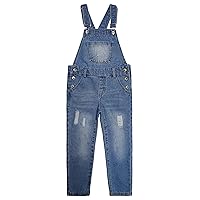 KIDSCOOL SPACE Girls Ripped Denim Overalls,3 Buttons Ripped Elastic Band Inside Jeans Jumpsuit