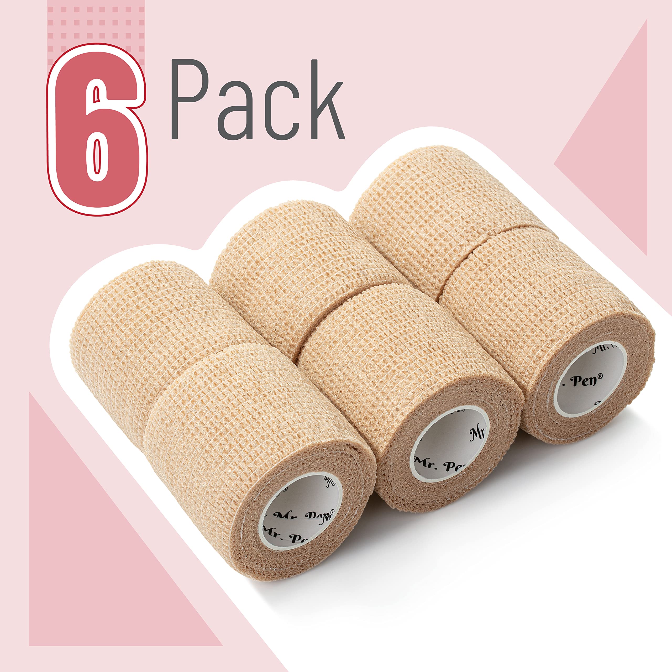 Mr. Pen- Self Adhesive Bandage Wrap, 6 Pack, Skin Colored, 2“ x 5 Yards, Adhesive Bandages, Cohesive Bandage, Medical Wrap, Elastic Bandage Wrap, Bandage Tape, Self Sticking Bandage Wrap