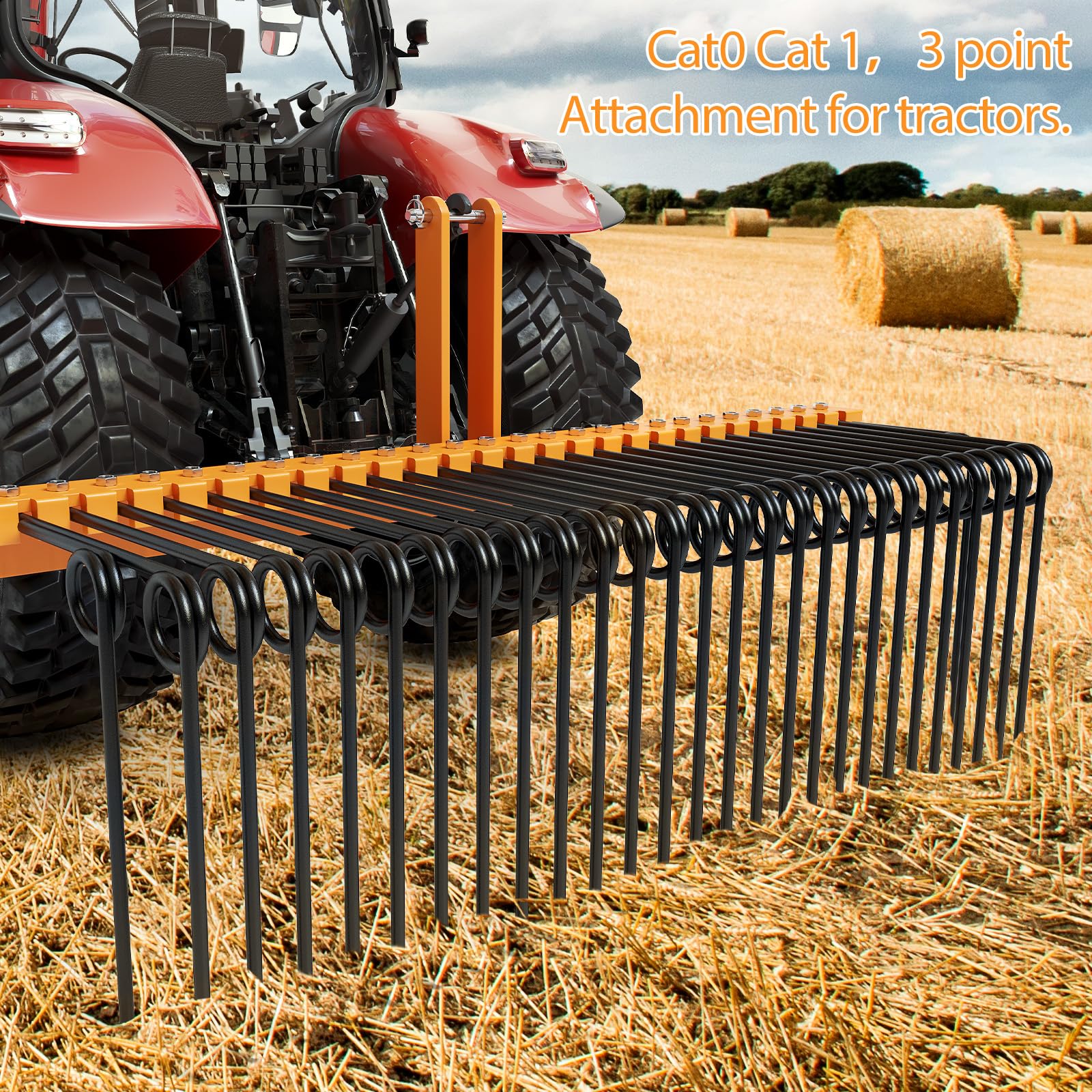6FT Pine Straw Needle Rake,3 Point Straw Rake,Durable Powder Coated Steel Spring Landscape Rake Fit for Cat0,Cat1,Cat3 Tractors