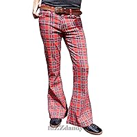 Mens Red Tartan Bell Bottoms Glam Rock Disco Retro Pants Flares Trousers