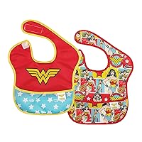 Bumkins Bibs for Girl or Boy, SuperBib Baby and Toddler for 6-24 Months, Essential Must Have for Eating, Feeding, Baby Led Weaning, Mess Saving Catch Food, Waterproof Soft Fabric, 2-pk Wonder Woman