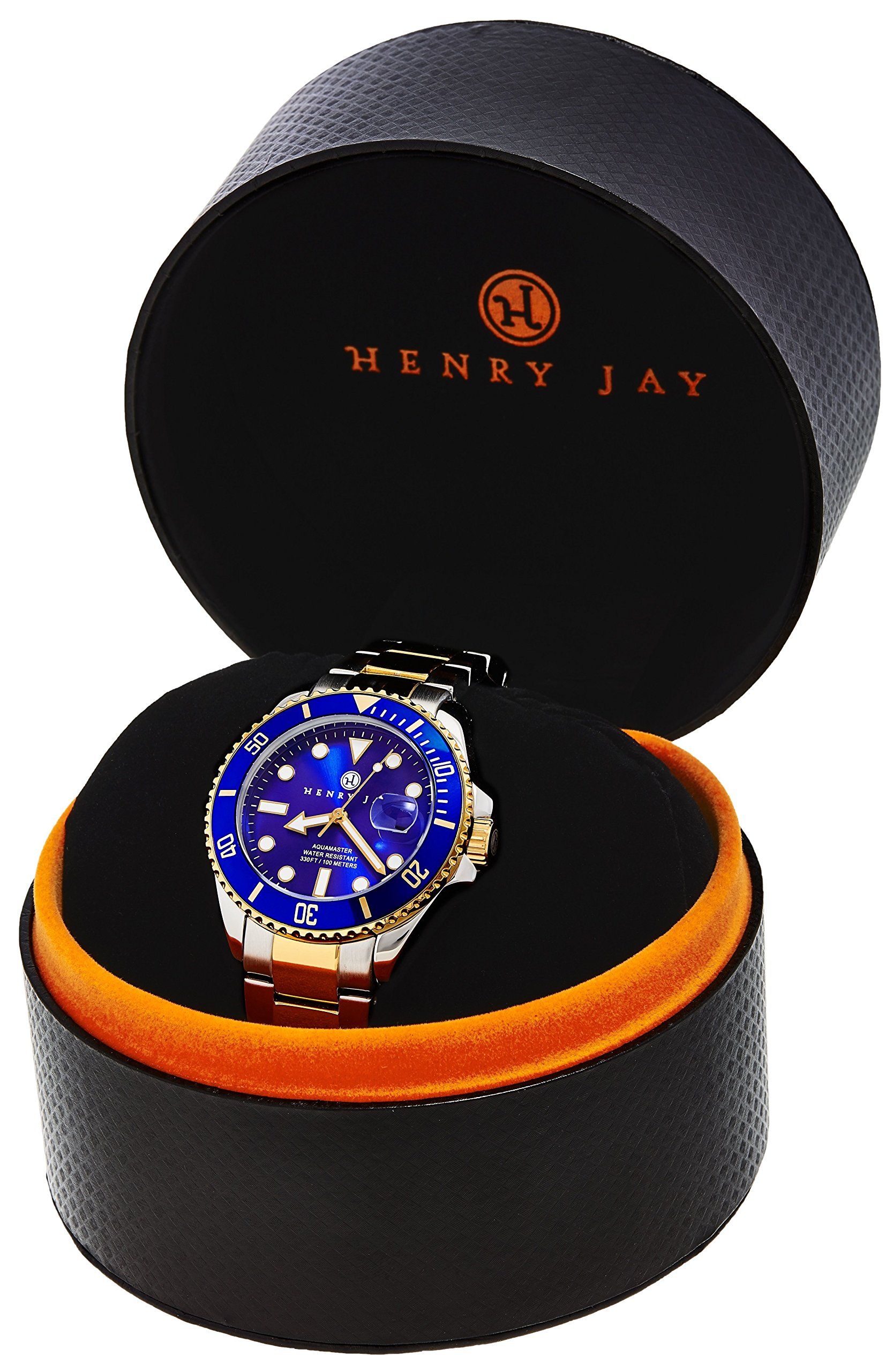 Henry Jay Mens 23K Gold Plated Two Tone Stainless Steel Specialty Aquamaster Professional Dive Watch with Date