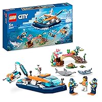 LEGO City Explorer Diving Boat 60377 Ocean Building Toy, Includes a Coral Reef Setting, Mini-Submarine, 3 Minifigures and Manta Ray, Shark, Crab, 2 Fish and 2 Turtle Figures