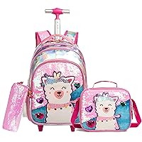Meetbelify 3Pcs Alpaca Rolling Backpack for Girls Wheels Backpacks with Lunch Bag for Elementary School Bags Trolley Trip Luggage