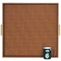 HofferRuffer Extra Large Square Serving Tray, Elegant Faux Leather Ottoman Tray with Gold Hardware Handles, Serve Tea, Coffee or Breakfast in Bed, 24 x 24 inches (Brown Shagreen)